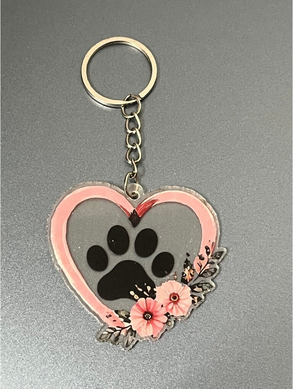 Cute Heart Paw Print Keychain with Pink Flowers - Perfect Gift!